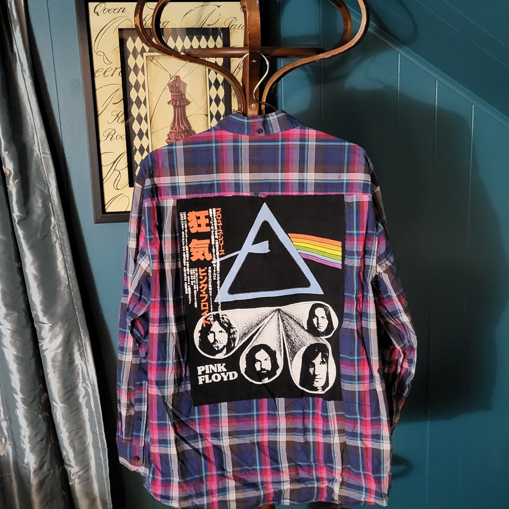 Ben Sherman XXL plaid long sleeved shirt, Pink Floyd Applique